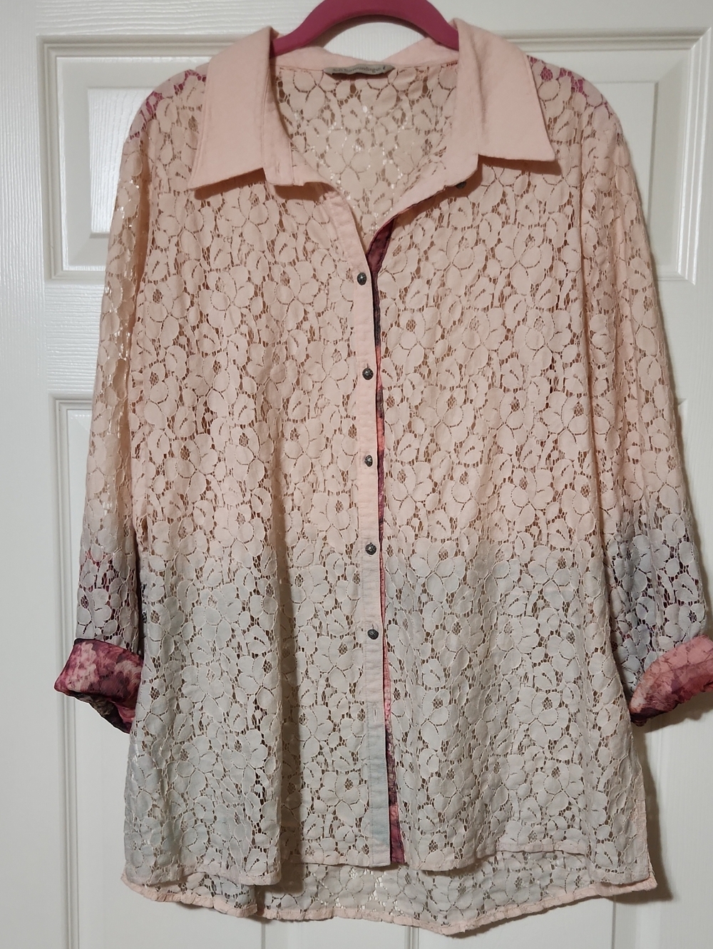 Soft Surroundings Blush Pink Ombre Lace Button-Down Shirt, Large